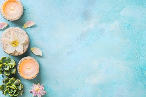 wellness trends concept A serene arrangement of candles and succulents on a textured turquoise background.
