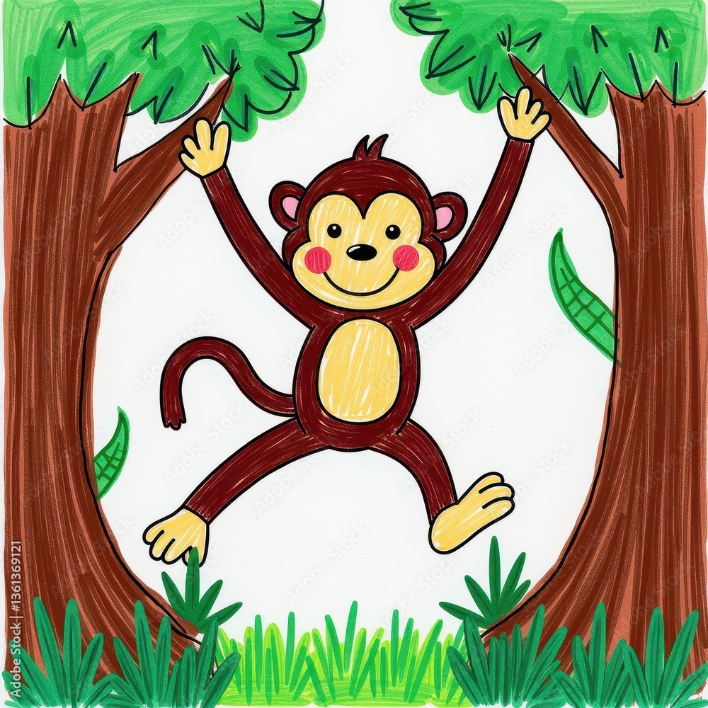 Naklejka premium Cute Cartoon Monkey Hanging from Tree Branches Illustration