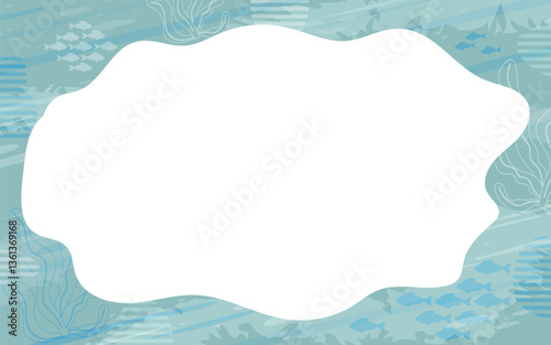 Vector frame with abstract marine fauna in flat style. Waves, schools of fish, algae