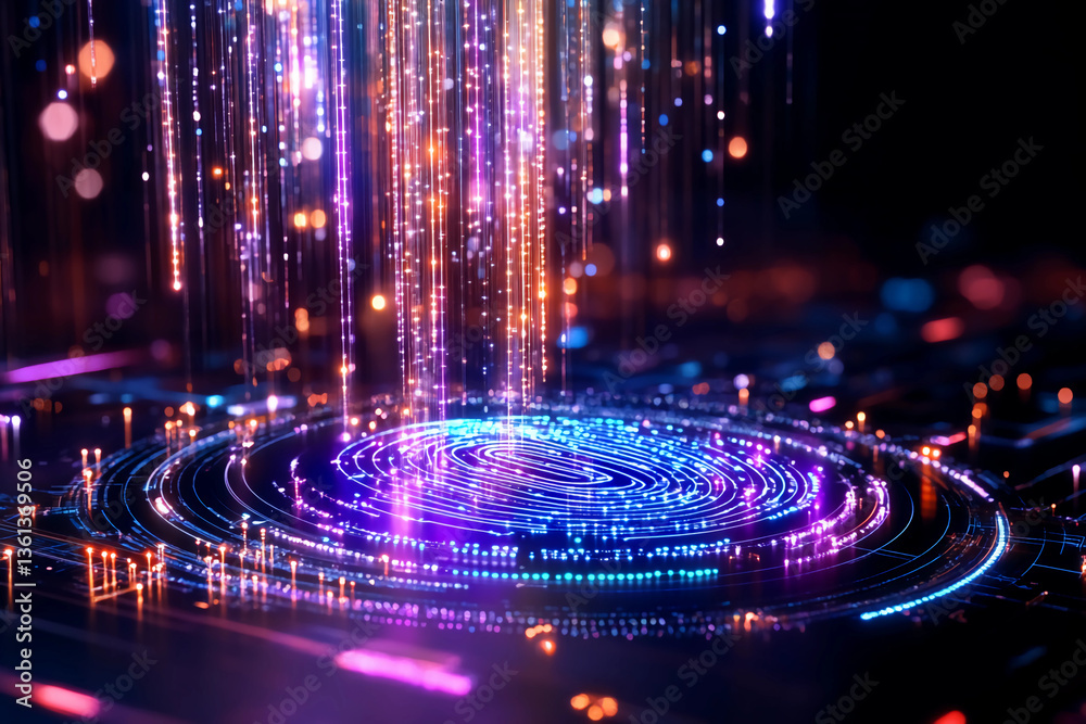 Obraz premium Digital fingerprint formed from futuristic circuit lines, neon blue and purple nodes on a dark elegant background symbolizing cybersecurity, technology, and digital identity