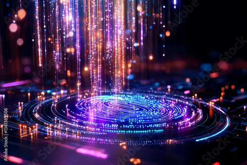 Digital fingerprint formed from futuristic circuit lines, neon blue and purple nodes on a dark elegant background symbolizing cybersecurity, technology, and digital identity