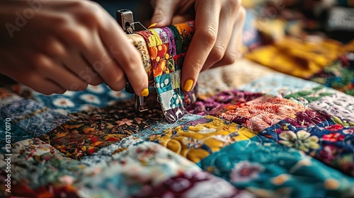 Close up view of hands quilting fabric with sewing machine