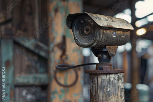 Vintage Security Camera in Rustic Industrial Setting with Charm