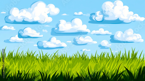 Beautiful grassland landscape with a blue sky and white clouds, a green meadow