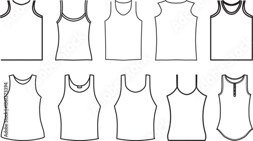 Hand-Drawn Tank Top Vector Set – Men’s and Women’s Sleeveless Shirt Designs, Fashion Sketches, Outline Apparel Illustrations