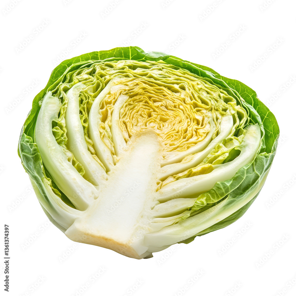 Obraz premium Freshly sliced cabbage isolated on a transparent background showcasing vibrant green and transparent layers, cabbage slice isolated on transparent