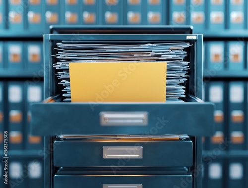 Organized Filing Cabinet with Open Drawer Full of Paper Documents