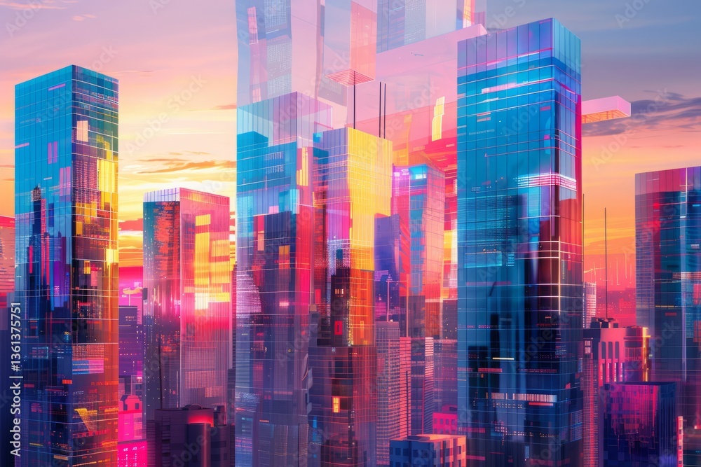 Abstract Modern Cityscape at Sunset with Reflective Glass Buildings Abstract Modern Cityscape at Sunset with Reflective Glass Buildings