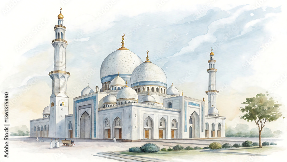 Obraz premium Majestic Mosque: Islamic Architecture with Grand Domes and Spiritual Ambiance