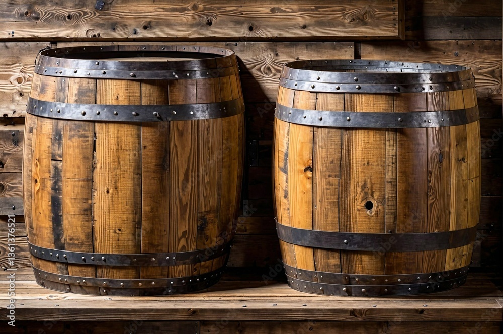 Fototapeta premium A large barrel sits on a wooden shelf