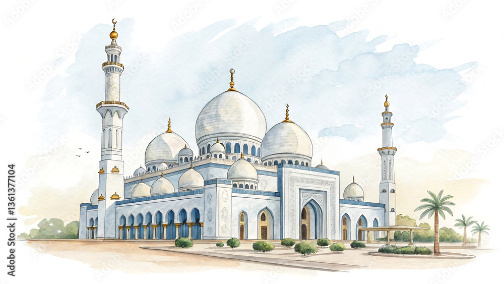 Fototapeta premium Majestic Mosque: Islamic Architecture with Grand Domes and Spiritual Ambiance