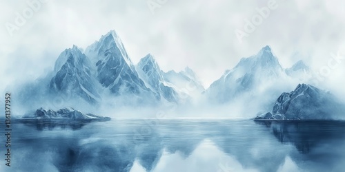 Wallpaper Mural Snowy mountains reflecting in calm lake watercolor illustration Torontodigital.ca