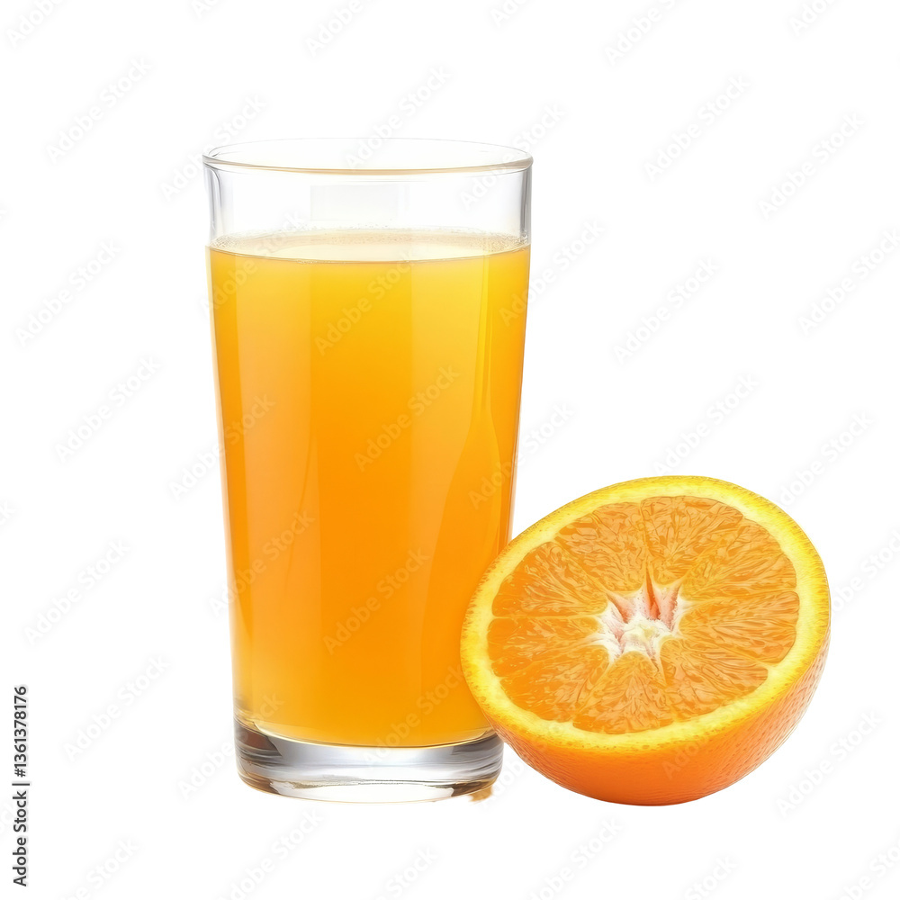 A refreshing glass of freshly squeezed orange juice with a half orange placed beside it on a transparent background, Glass of fresh orange juice isolated A refreshing glass of freshly squeezed orange juice with a half orange placed beside it on a transparent background, Glass of fresh orange juice isolated