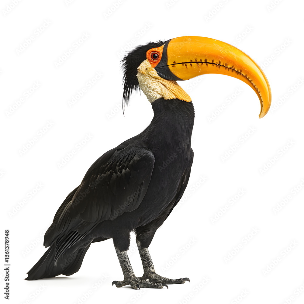 Obraz premium A realistic portrait of a magnificent hornbill standing in profile, isolated on a white background. Its glossy black feathers, large curved yellow-orange beak, prominent casque, and sharp dark eyes 
