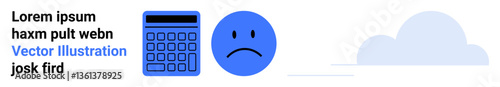 Blue calculator, sad emoticon face, minimal cloud backdrop portraying financial stress, calculation errors, or problem-solving. Ideal for finance, emotional well-being, frustration, problem-solving