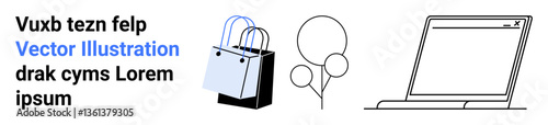Shopping bag with handles, two balloons, and a minimalist laptop design. Ideal for online shopping, e-commerce, digital marketing, celebrations, events sales promotions. Perfect for flat landing