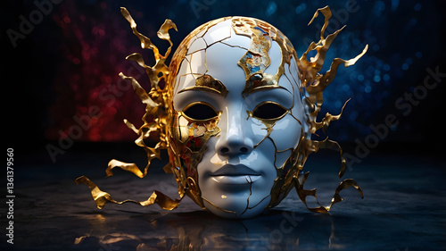 Fragmented Porcelain Mask with Glowing Emotional Galaxy Floating in Void, Shards Hovering Revealing Deep Subconscious Thoughts and Vivid Light Streaks