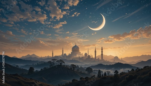 sunset in the mountains eid Mubarak greeting card background