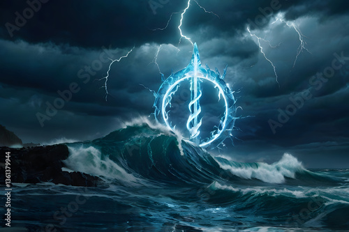 Mythical trident emerges from ocean surrounded by lightning and swirling water