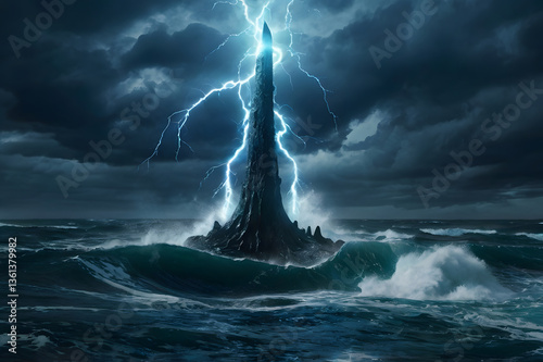 Glowing trident rising from stormy ocean with crackling lightning and tidal waves