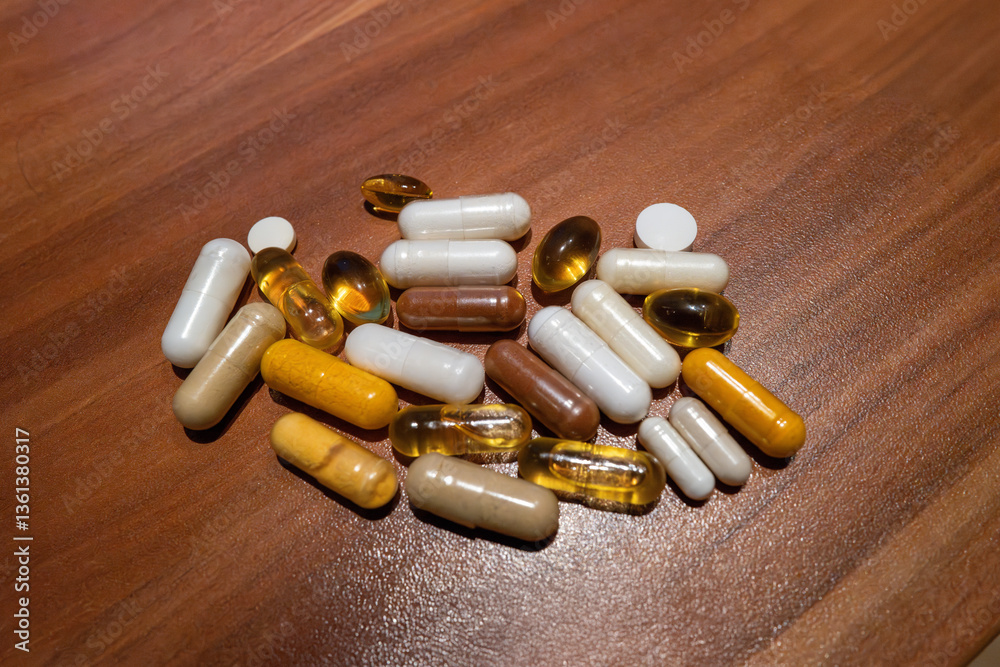 There are various capsules with food supplements on the table