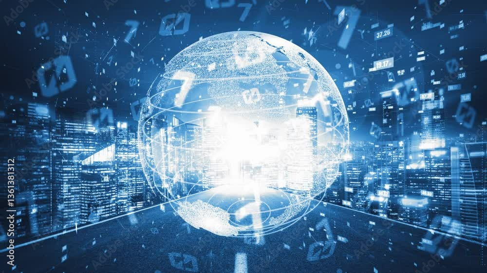 Futuristic global network and tacit digital data transfer 3D graphic . Concept of smart digital transformation and technology disruption that changes global trends in new information era .