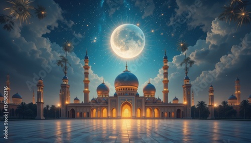 mosque in the night eid Mubarak greeting card background