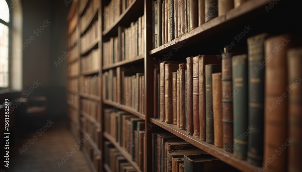 Interior view of a library with rows of vintage books on shelves. Creates a tranquil, reflective atmosphere suitable for reading, study. Old books represent history, nostalgia, learning and knowledge. Interior view of a library with rows of vintage books on shelves. Creates a tranquil, reflective atmosphere suitable for reading, study. Old books represent history, nostalgia, learning and knowledge.