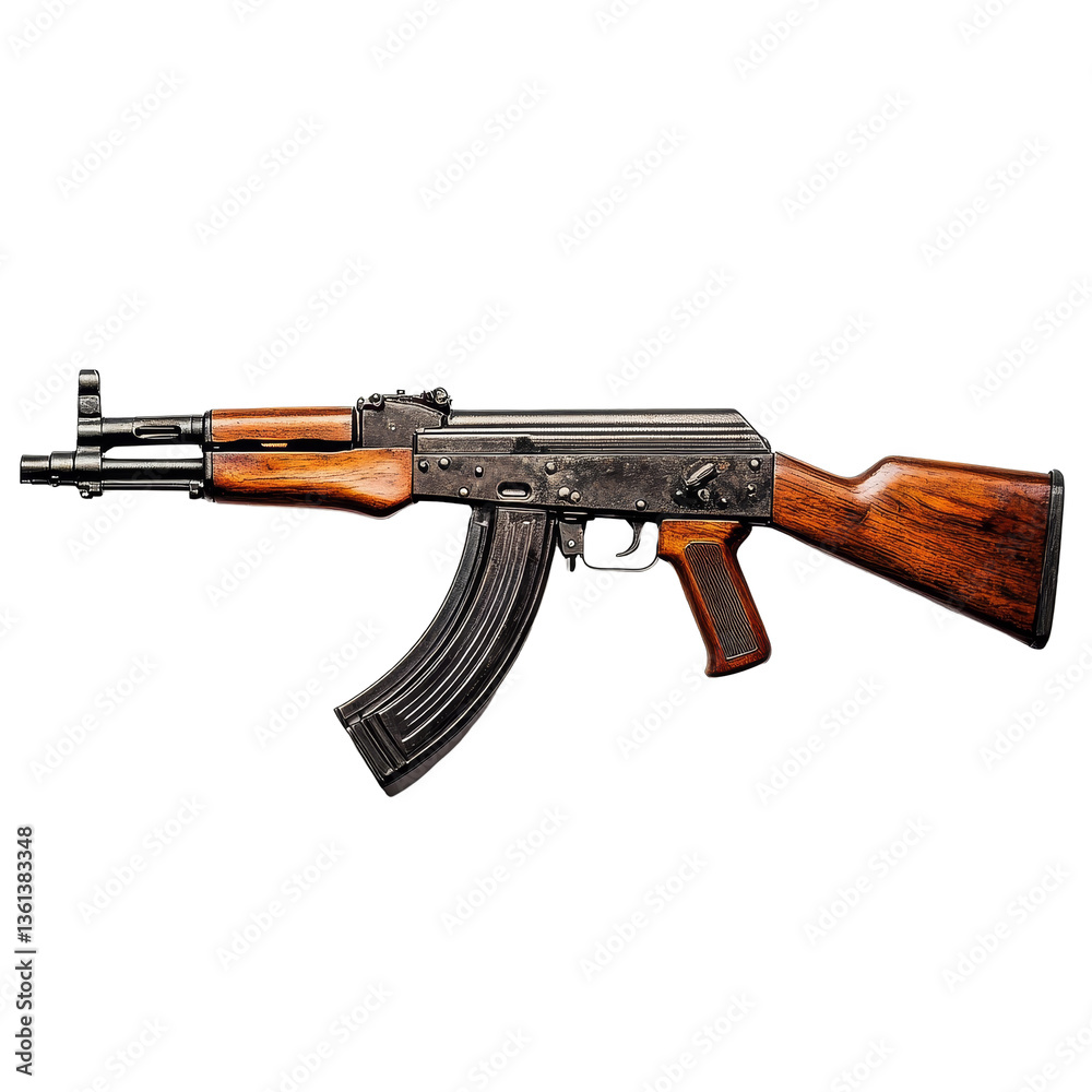 Assault rifle displayed on a transparent background showcasing its design and features, AK47 Assault Rifle on transparent background Assault rifle displayed on a transparent background showcasing its design and features, AK47 Assault Rifle on transparent background