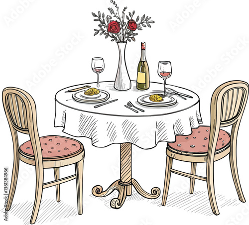 Chalk Sketch Italian Wedding Dinner Table and Chairs Illustration