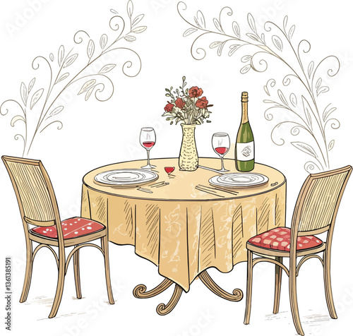 Chalk Sketch Italian Wedding Dinner Table and Chairs Illustration