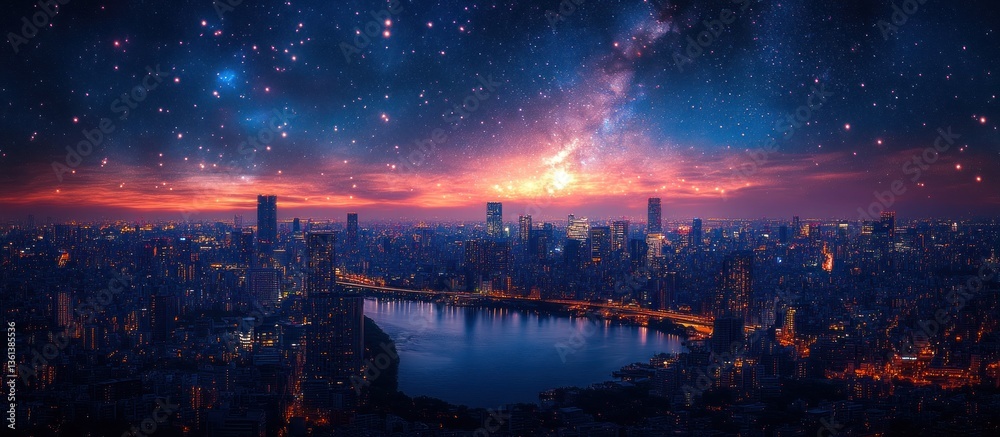 Cityscape at Night with Stellar Sky Cityscape at Night with Stellar Sky