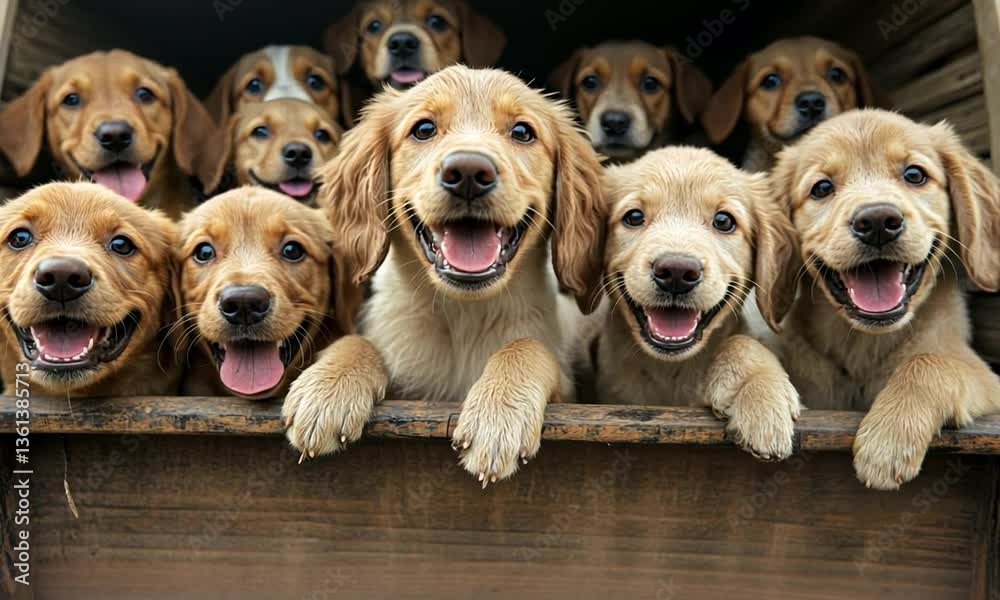 Group of playful golden retriever puppies peeking from a wooden crate, with a sunny background