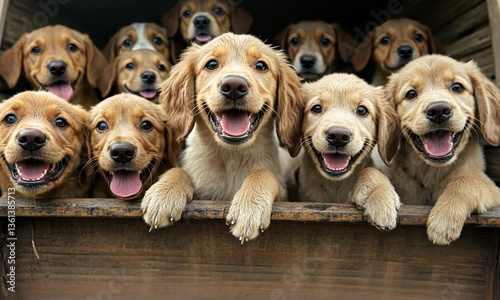 Group of playful golden retriever puppies peeking from a wooden crate, with a sunny background