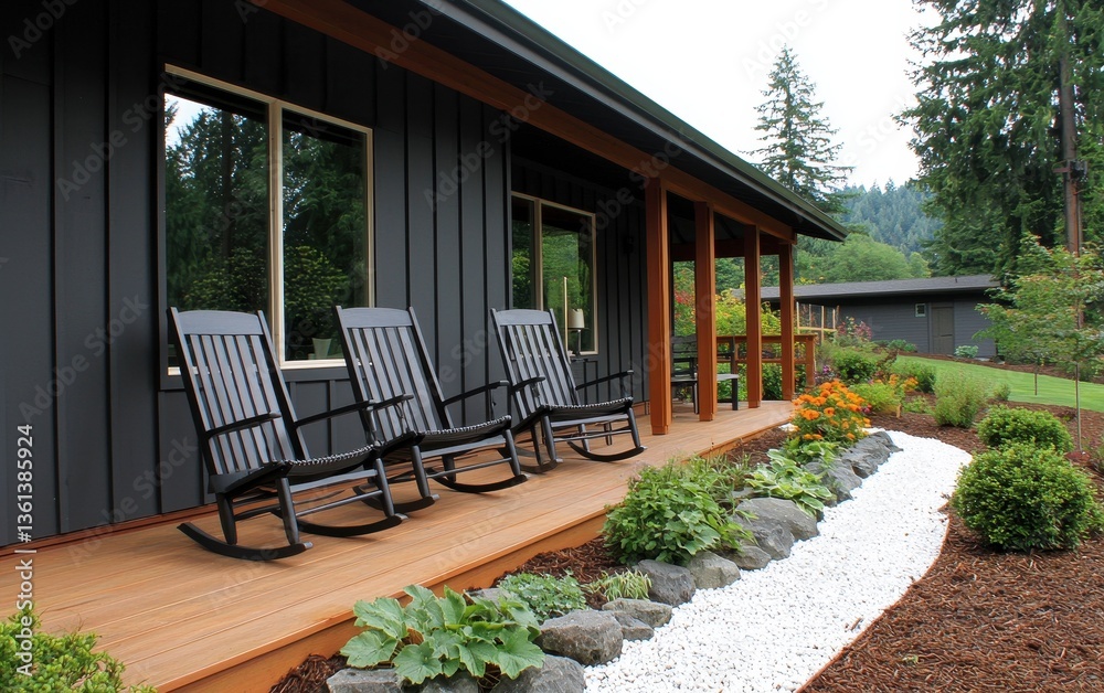 Fototapeta premium Cozy Rocking Chairs on Welcoming Porch Surrounded by Greenery