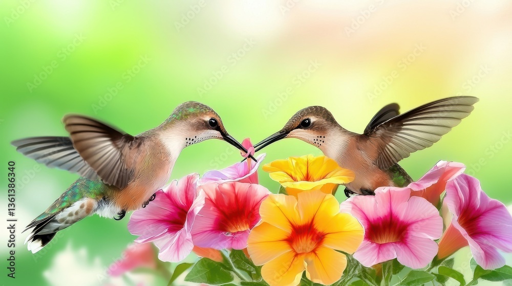 Fototapeta premium A group of hummingbirds feeding from a set of brightly colored flowers, with a soft blurred background of green and flower petals, and copy space.