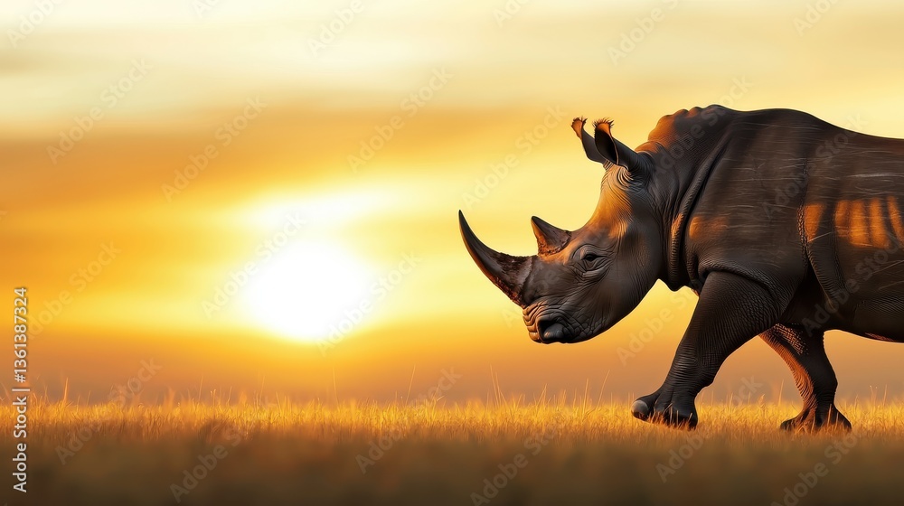 Fototapeta premium A majestic rhinoceros walking through the grasslands at sunset, its massive horn casting a shadow in the golden light.