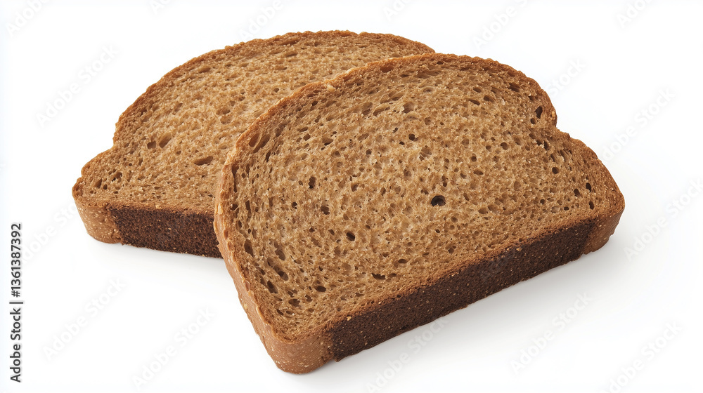 High-angle, close-up studio shot of two slices of toasted bread, possibly rusk or crispbread, arranged slightly overlapping against a pure white background. The bread exhibits a consistent light High-angle, close-up studio shot of two slices of toasted bread, possibly rusk or crispbread, arranged slightly overlapping against a pure white background. The bread exhibits a consistent light