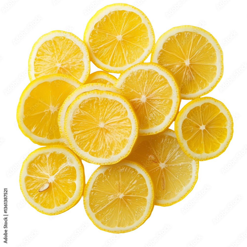 Fresh lemon slices arranged beautifully on a transparent background for culinary use or decoration, Fresh lemon slices on transparent background Fresh lemon slices arranged beautifully on a transparent background for culinary use or decoration, Fresh lemon slices on transparent background