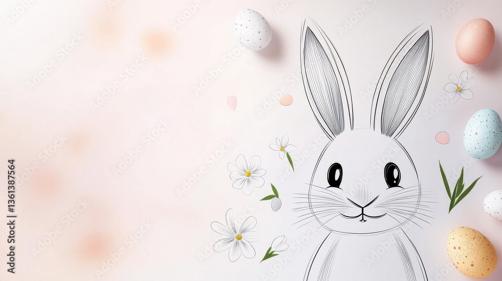 Obraz premium A minimalist Easter Bunny drawing with simple lines, placed against a light pastel background, surrounded by subtle Easter symbols like eggs and flowers.