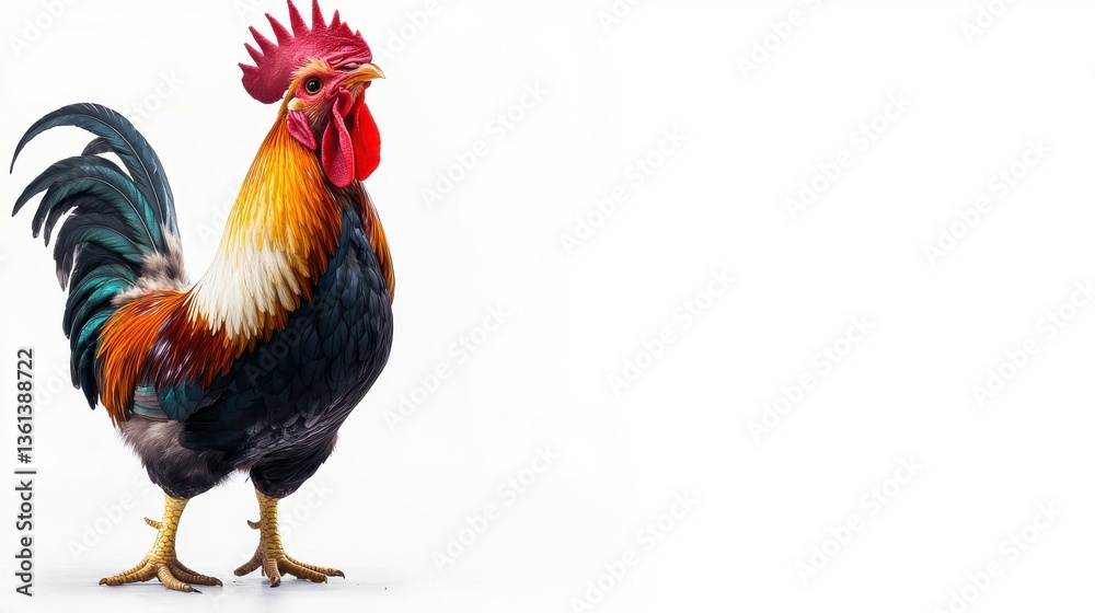 Fototapeta premium A rooster caught mid-crow with an overly dramatic facial expression, exaggerated and funny, with copy space.