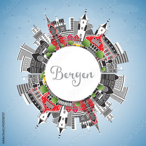 Bergen Norway city skyline with color buildings, blue sky and copy space. Bergen Cityscape with Landmarks. Business Travel and Tourism Concept with Historic Architecture.
