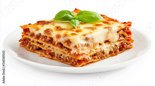 A high-angle, close-up shot depicts a square slice of lasagna on a small, plain white plate against a pure white background. The lasagna is composed of layered pasta sheets, a rich tomato-based meat