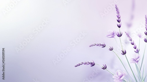 A soft purple floral background featuring delicate lavender flowers and green stems, perfect for creating a calm, serene atmosphere in greeting cards or wedding invitations.