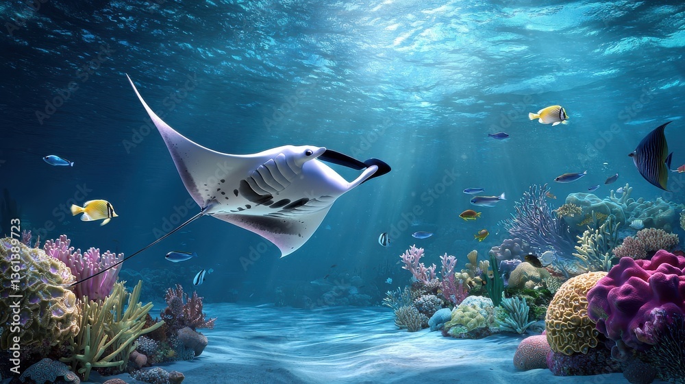 Obraz premium A stunning underwater shot of a manta ray gliding gracefully above the ocean floor, surrounded by fish and soft coral.