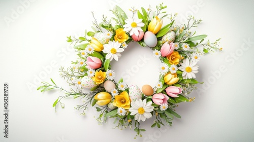 A stunning Easter wreath featuring a mix of vibrant spring flowers like daffodils, tulips, and daisies, surrounded by delicate greenery.