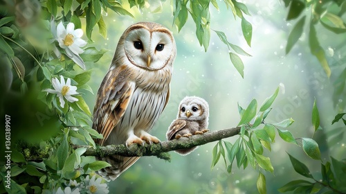 Fototapeta Naklejka Na Ścianę i Meble -  A tranquil woodland animal scene with a mother owl sitting with her baby on a tree branch, surrounded by soft forest foliage, with copy space.