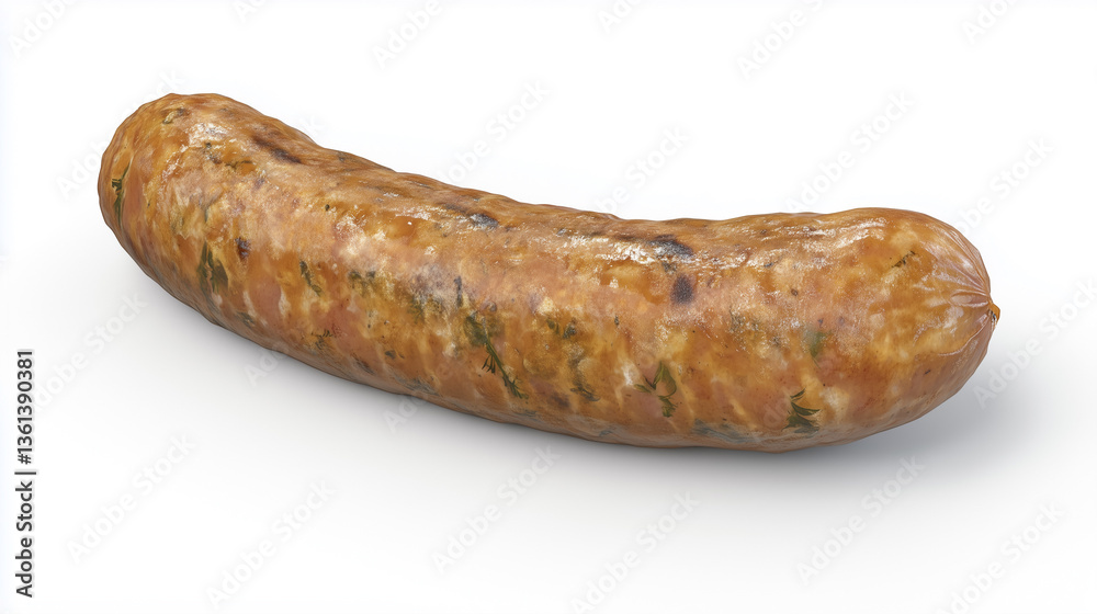 A high-resolution close-up image of a single, cooked sausage. The sausage is slightly curved and exhibits a browned, textured surface with visible variations in color and tone, suggesting grilling or A high-resolution close-up image of a single, cooked sausage. The sausage is slightly curved and exhibits a browned, textured surface with visible variations in color and tone, suggesting grilling or