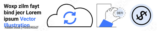Cloud symbol with sync arrows, a hand holding a defi token, and a currency icon. Ideal for tech, finance, cryptocurrency, blockchain, fintech, cloud storage simple landing page