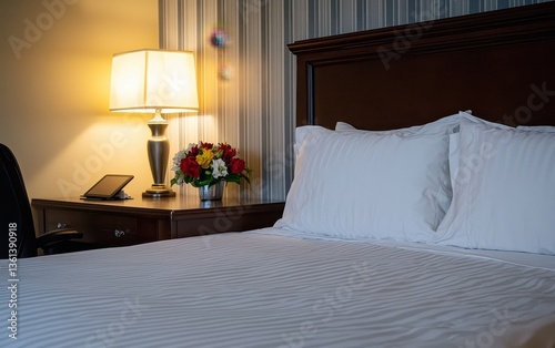 Cozy Hotel Room with Elegant Bed and Beautiful Table Lamp